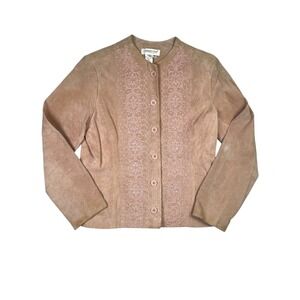 Coldwater Creek Blazer Womens 6P Pink Rose Leather Embroidered Button Front